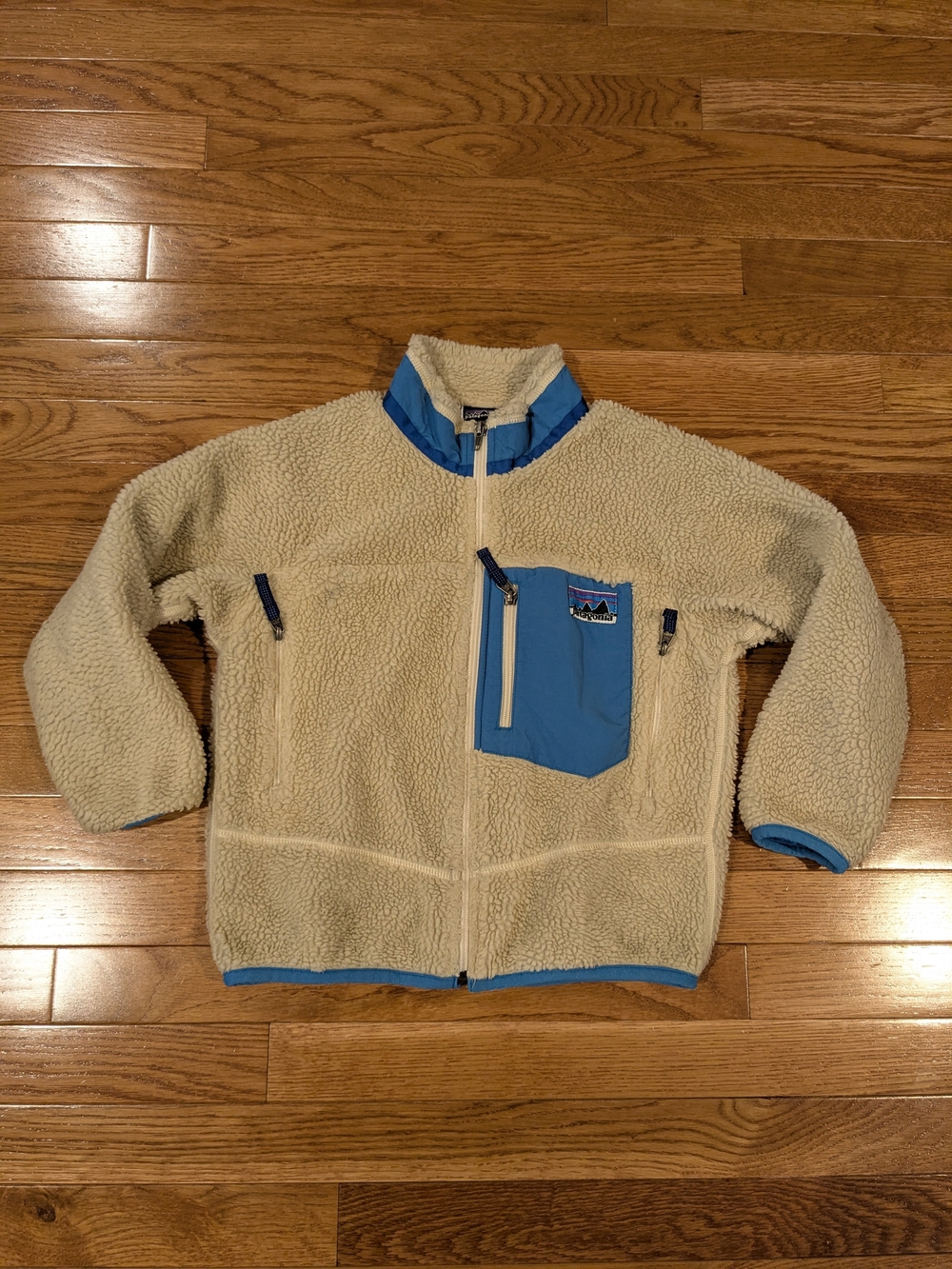 Patagonia Vintage Retro X Kids Cream Sherpa Fleece Jacket with Blue Trim Small 8